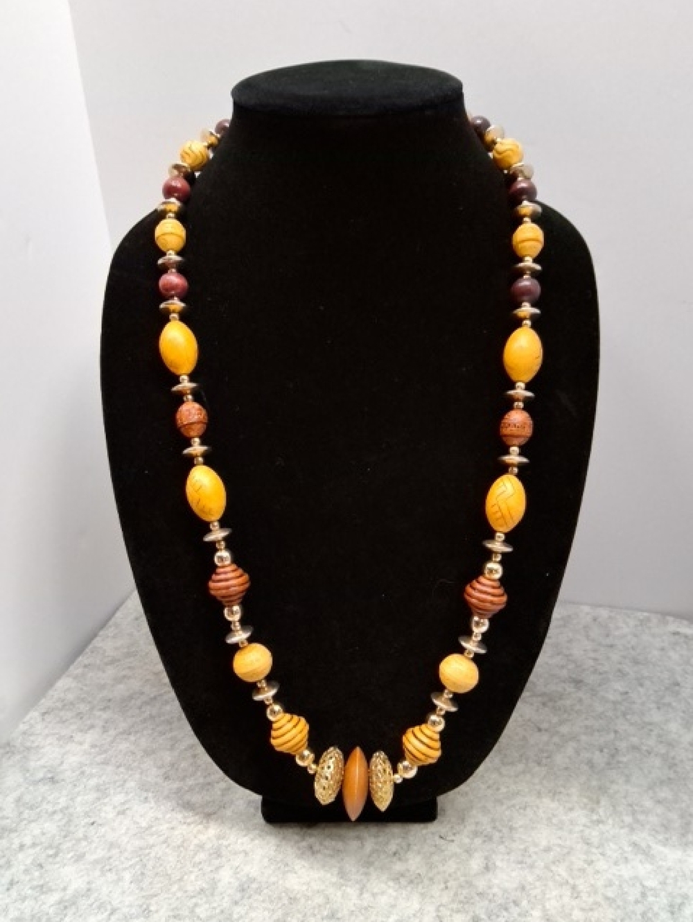 Vintage Wooden Bead Statement Necklace with Gold Tone Accents and Screw Clasp